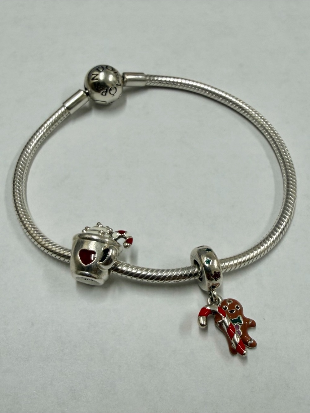 Pandora Silver Bracelet with Red-Accented Mug and Gingerbread Charms